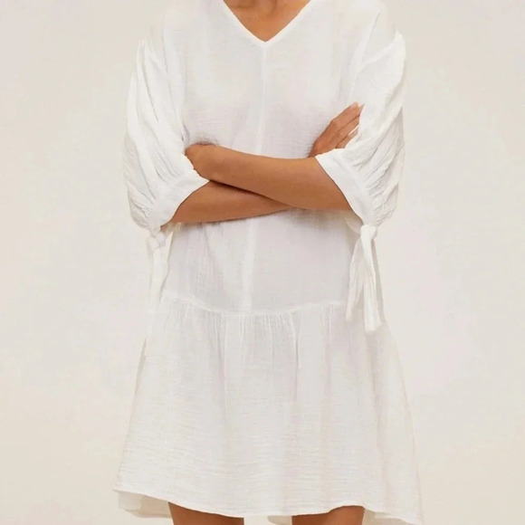 MNG by Mango White Tie Sleeve Ruffle Hem Shift Dress/ Coverup NWT Sz 2 - Picture 1 of 11